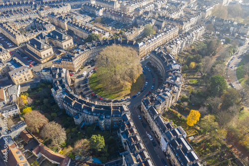 Aerial drone view of the Circus street in Bath, Somerset, UK