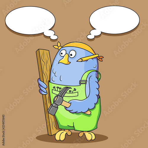 Cute bird carpenter with a hammer and a board