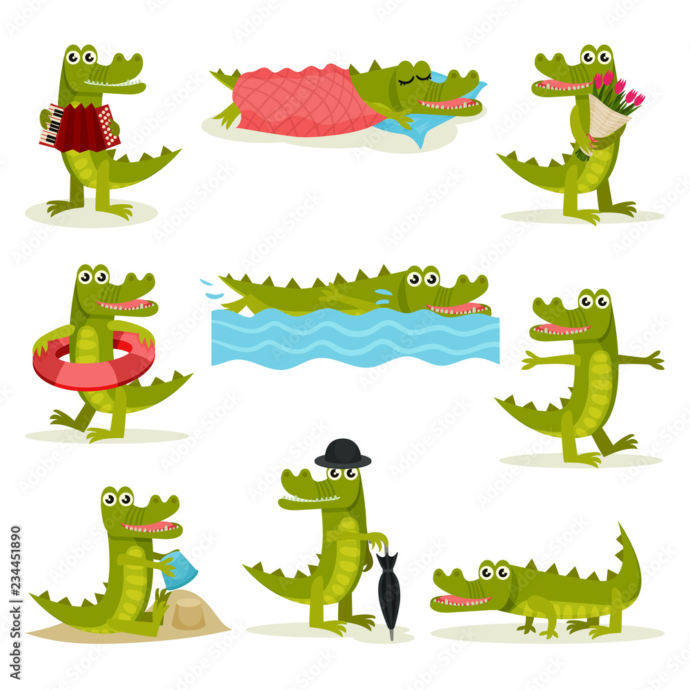Fototapeta premium Flat vector set of funny crocodile in different actions. Green predatory reptile. Funny humanized animal