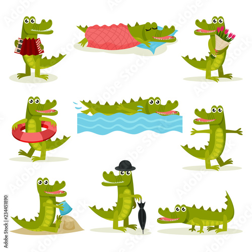 Fototapeta Naklejka Na Ścianę i Meble -  Flat vector set of funny crocodile in different actions. Green predatory reptile. Funny humanized animal