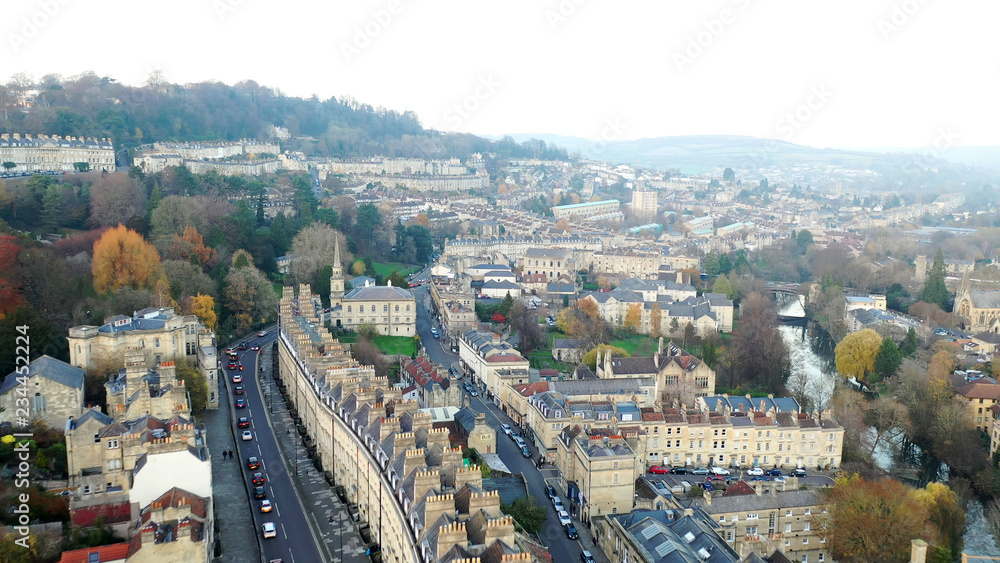 Aerial cityscape view of Bath, Somerset, United Kingdom