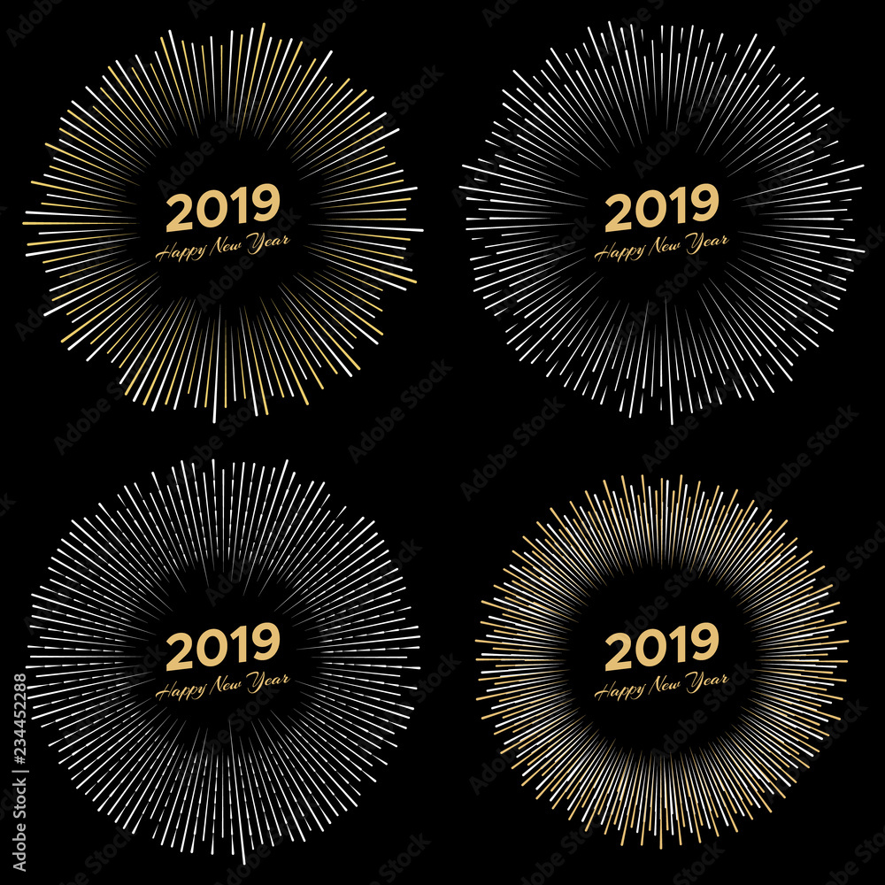 Fototapeta premium Set of four inscription Happy New Year 2019 with firework