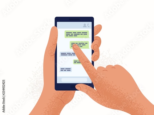 Pair of hands holding smartphone or mobile phone with chat or messenger application on screen. Instant messaging and chatting, online communication. Colorful vector illustration in flat cartoon style.