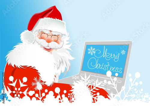 Christmas card. Santa Claus with laptop on blue background. Suitable for all Christmas and new year holidays. Vector illustration photo