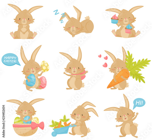 Flat vector set of Easter rabbit in different actions. Adorable brown bunny with long ears and short tail