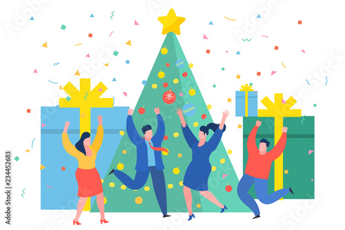 Funny mini business people dancing near the Christmas tree. New Year business concept.