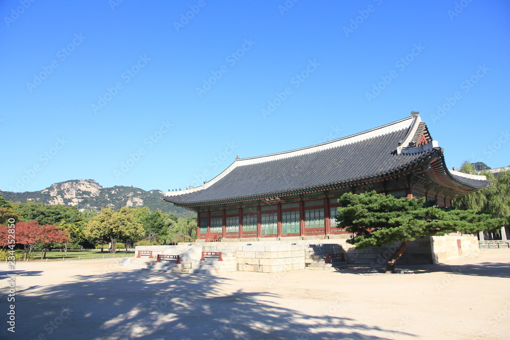 Gyeongbokgung Palace in Seoul, South Korea. Writing on the building: Sujeongjeon Hall