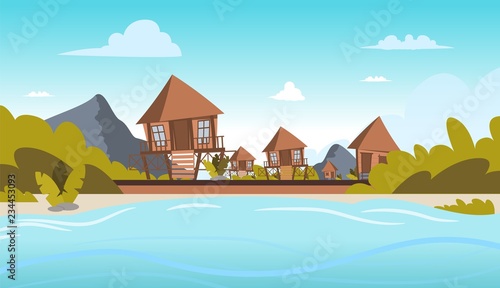 Vector image a village on the shore of a lagoon