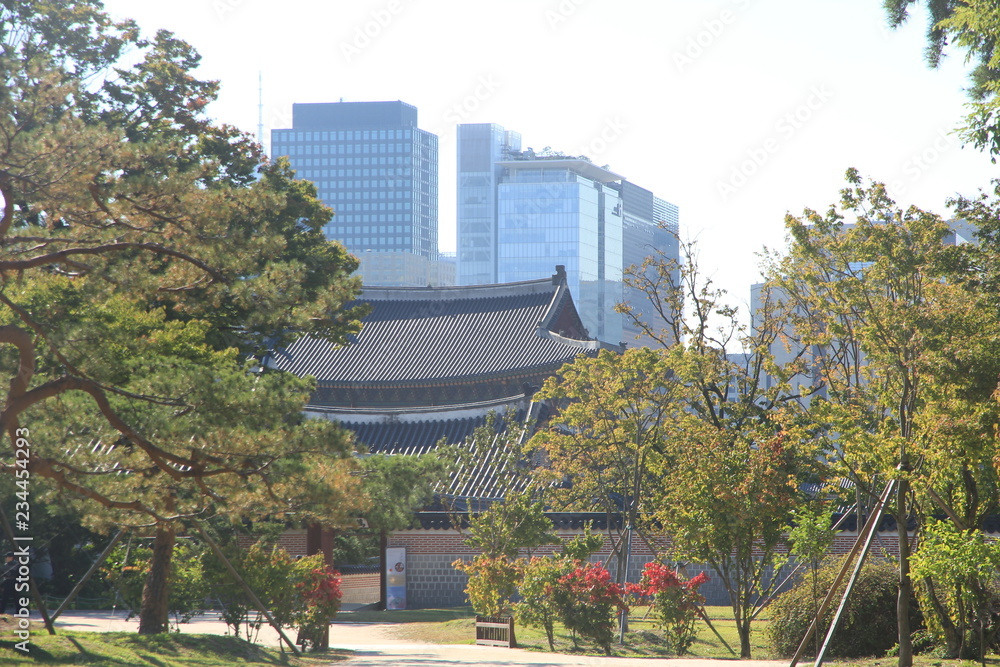 Gwanghwamun Gate with Modern Skyline View of Seoul, South Korea