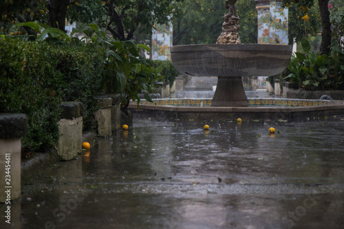 NAPLES, ITALY - 04 November, 2018. Cloister of Saint Claire with fine decorations of majolica on columns. - Chiostro di Santa Chiara Napoli Italy.