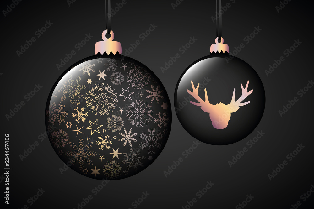 beautiful black christmas balls with snowflake and reindeer decoration vector illustration EPS10