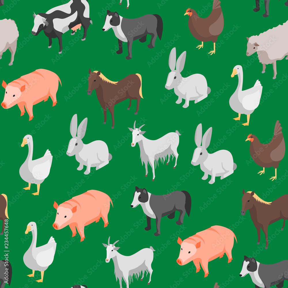 Farm Animals 3d Seamless Pattern Background Isometric View. Vector