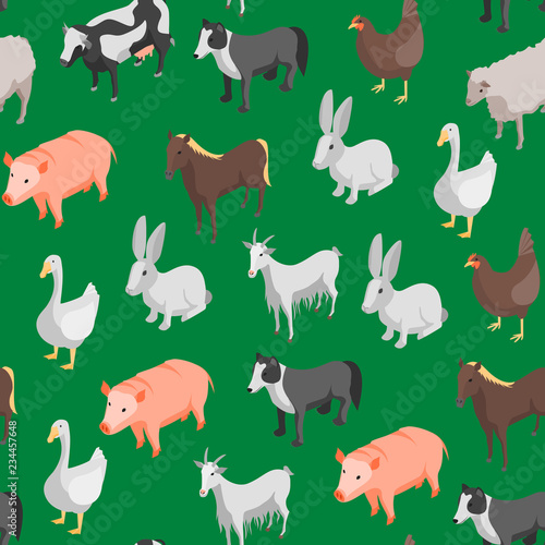 Fototapeta Naklejka Na Ścianę i Meble -  Farm Animals 3d Seamless Pattern Background Isometric View. Vector
