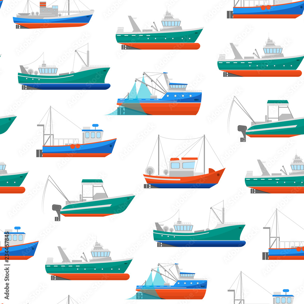 Cartoon Fishing Boats Seamless Pattern Background. Vector Cartoon Fishing Boats Seamless Pattern Background. Vector
