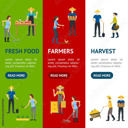 Farmers Work 3d Banner Vecrtical Set Isometric View. Vector