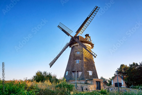 Dutch windmill under blue sky, in Benz on Usedom island. Germany