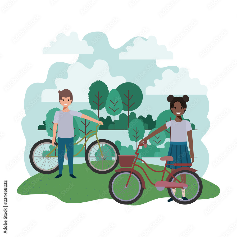 children with bicycle in landscape