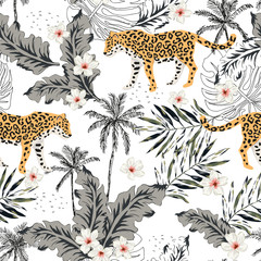Keuken achterwand Afrikaanse dieren patronen Luipaarden plumeria bloemen en palmbladeren  © ojardin