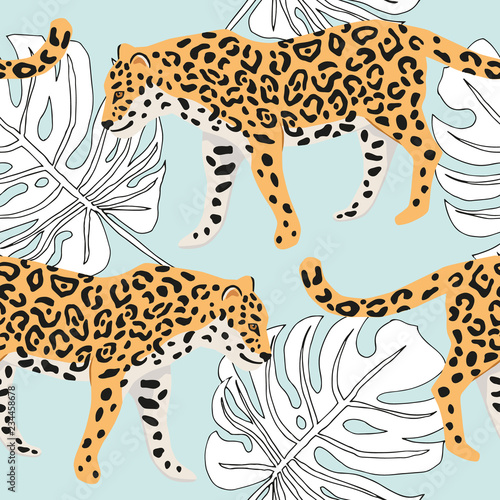 Tropical leopard animal, monstera palm leaves, light blue background. Vector seamless pattern. Graphic illustration. Exotic jungle. Summer beach design. Paradise nature