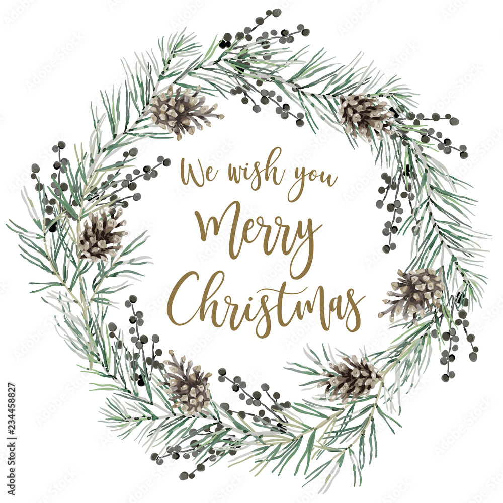 Xmas wreath with quote We wish you Merry Christmas, white background. Green  pine twigs, cones, berries. Vector illustration. Nature design. Greeting  card, poster template. Winter holidays Stock Vector | Adobe Stock