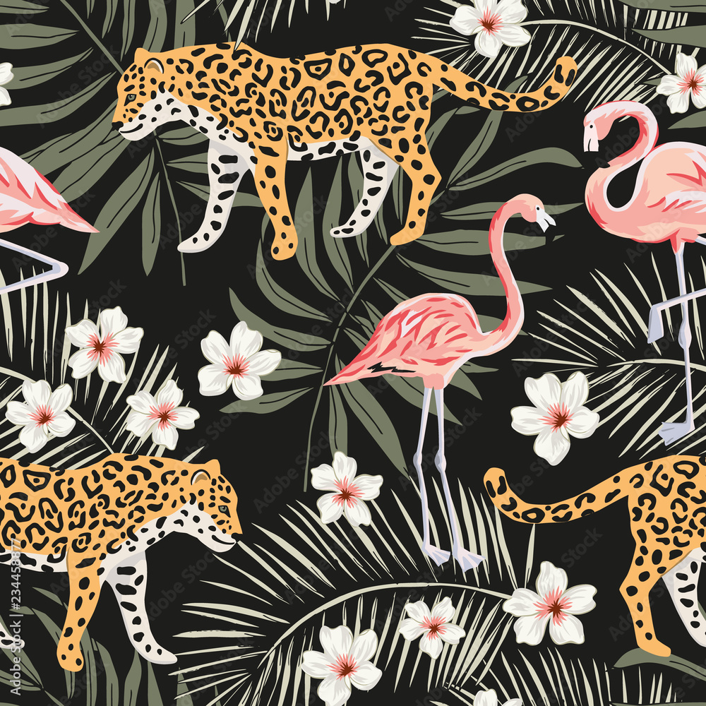 Tropical leopard animals, pink flamingo birds, plumeria flowers, palm leaves, black background. Vector seamless pattern. Graphic illustration. Summer beach floral design. Paradise nature Stock Vector | Adobe Stock Tropical leopard animals, pink flamingo birds, plumeria flowers, palm leaves, black background. Vector seamless pattern. Graphic illustration. Summer beach floral design. Paradise nature Stock Vector | Adobe Stock