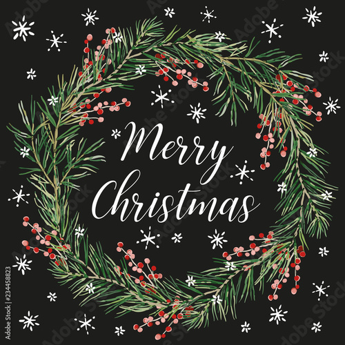 Merry Christmas wreath with quote, black background. Green pine twigs and red berries. Vector illustration. Nature design greeting card template. Winter holidays. Xmas night, snowflakes