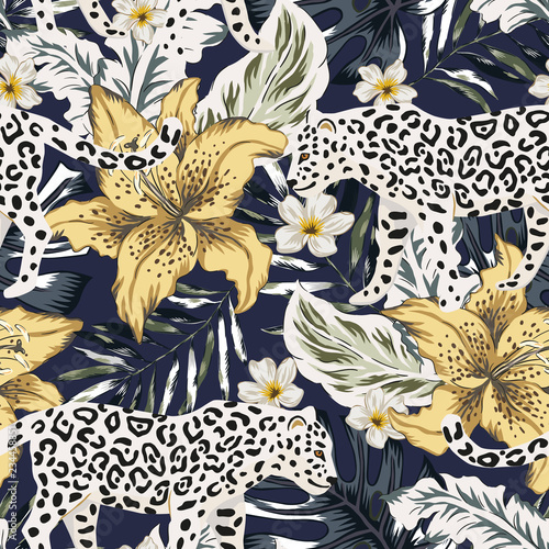 Tropical leopard animal, lily flowers, palm leaves, black background. Vector seamless pattern. Graphic illustration. Exotic jungle plants. Summer beach floral design. Paradise nature