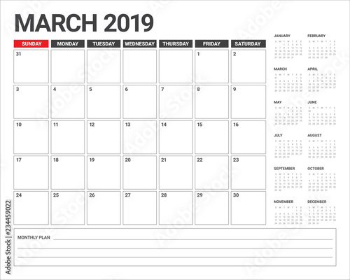 March 2019 desk calendar vector illustration
