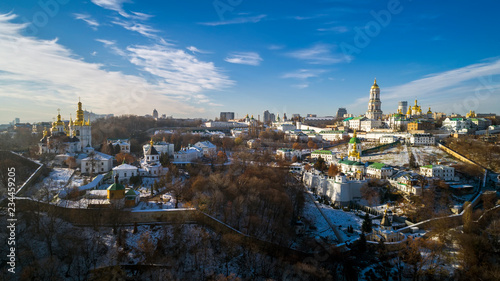 Aerial view of Lavra monastery in Kiev  Ukraine from drone   sunset view   cloudy sky   beautiful landscape