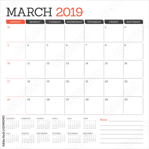 March 2019 desk calendar vector illustration