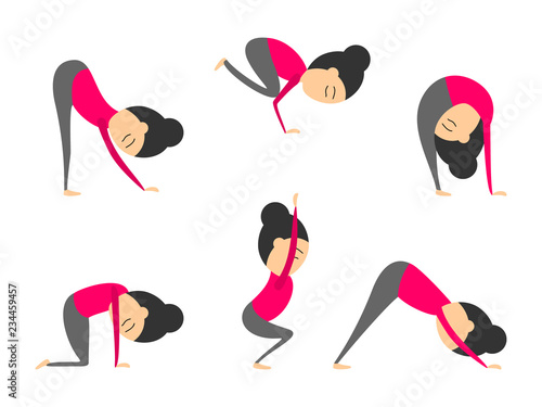 Vector set of yoga poses for health and flexibility. Woman yoga exercises for class or studio. Vector illustration in cartoon style on isolated white background