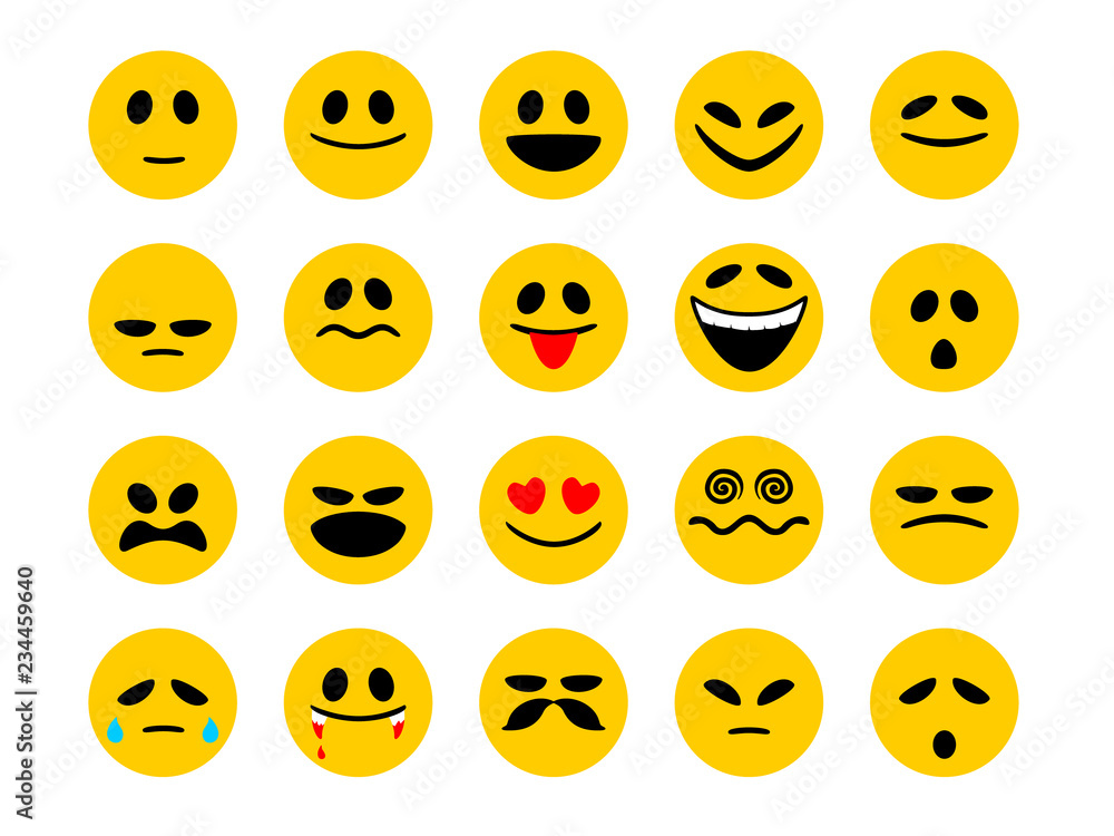 Set of smiley emoticons. Emoji in cartoon style isolated on white background for message Set of smiley emoticons. Emoji in cartoon style isolated on white background for message