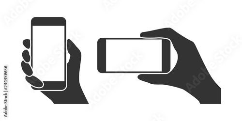 Hands hold the phone in horizontal and vertical positions