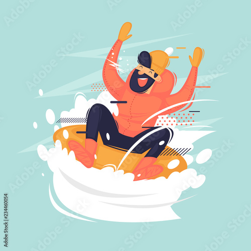 Young boy rides on a tubing in the snow. Winter. Flat vector illustration in cartoon style.