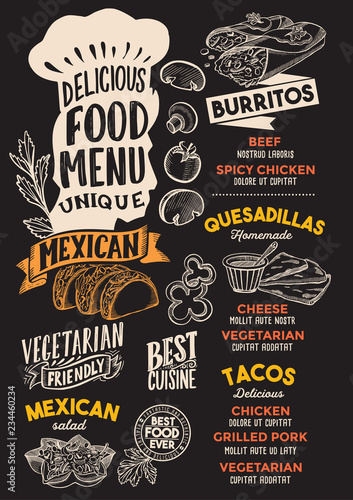 Mexican food menu template for restaurant with chefs hat lettering.