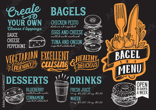 Bagel and sandwich menu food template for restaurant with doodle hand-drawn graphic.