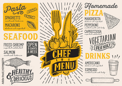 Menu food template for restaurant with doodle hand-drawn graphic.