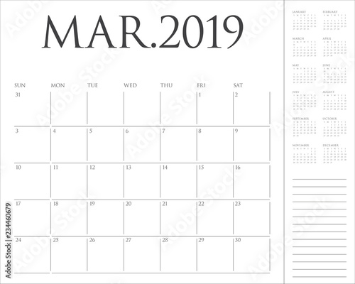 March 2019 desk calendar vector illustration