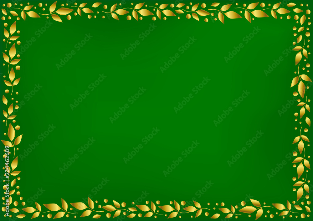 Green background stylized as velvet with decorative frame of golden leaves  and dots for decoration, scrapbooking paper, wedding invitation, greeting  card, text, family tree, certificate, diploma Stock Vector | Adobe Stock