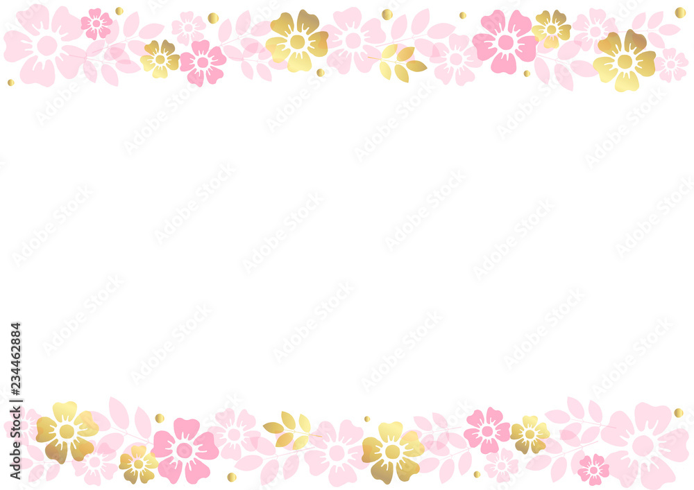 White background with stripes of pink and golden flowers and leaves align top and below for decoration, invitation or wedding, poster,valentines day,valentine, text,flower shop,advertising,certificate