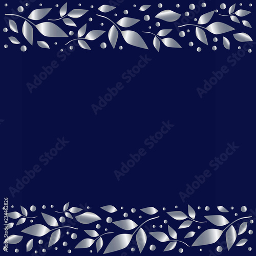 Blue background stylized as blue velvet with decorative stripes align top and below with silver leaves and dots for decoration, scrapbooking paper, wedding invitation,greeting card,text, cover of book