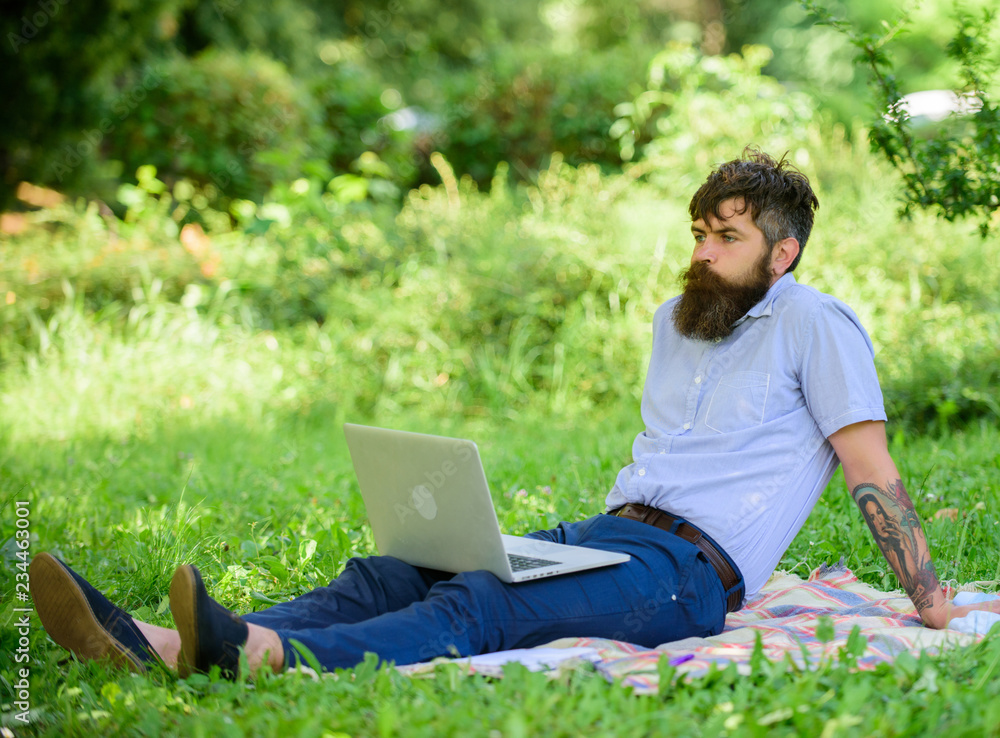 Blogger becoming inspired by nature. Looking for inspiration. Man bearded with laptop relaxing meadow nature background. Writer looking for inspiration nature environment. Inspiration for blogging Blogger becoming inspired by nature. Looking for inspiration. Man bearded with laptop relaxing meadow nature background. Writer looking for inspiration nature environment. Inspiration for blogging