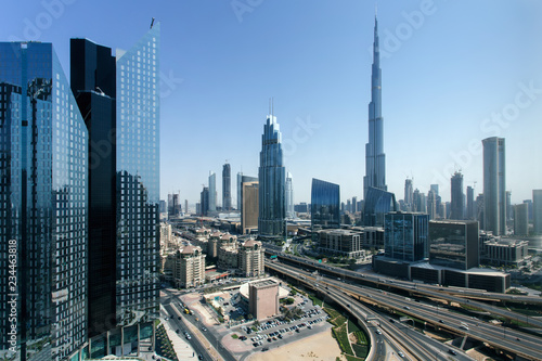Beautiful aerial view to Dubai downtown city center skyline in the daytime, United Arab Emirates
