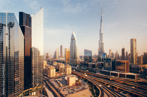 Beautiful aerial view to Dubai downtown city center skyline at sunset, United Arab Emirates