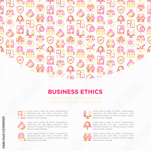 Business ethics concept with thin line icons: union, trust, honesty, responsibility, justice, commitment, no to racism, recruitment service, teamwork. Vector illustration, print media template.