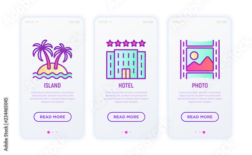 Holiday thin line icons set: hotel, beach umbrella, island, photo. Modern vector illustration.