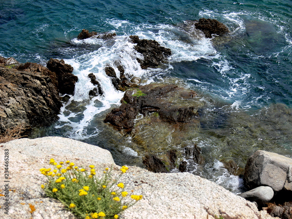 Blick von der Felsenküste auf das blaue Meer