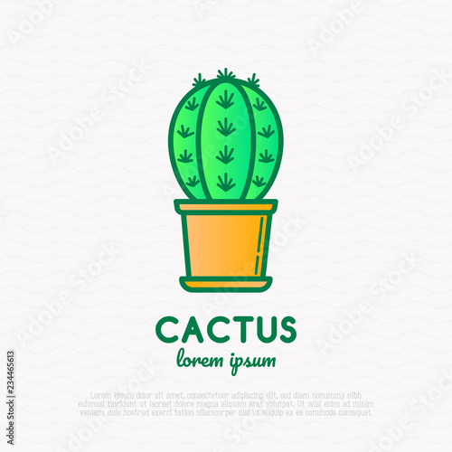 Cactus with prickles in pot thin line icon. Modern vector illustration of home plant.