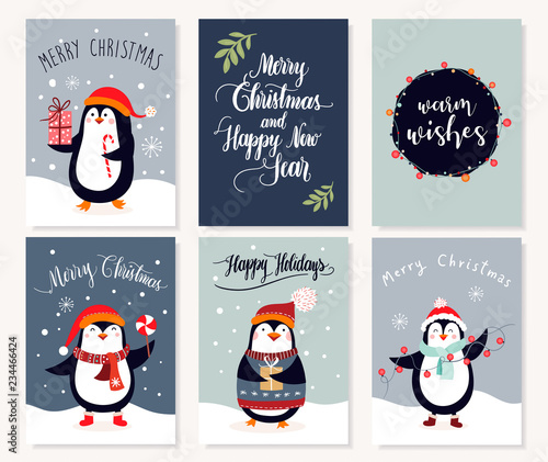 Christmas greeting cards collection with cute penguins and hand lettering