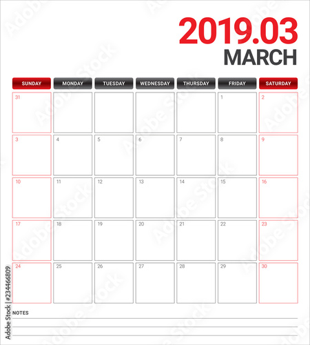 March 2019 desk calendar vector illustration